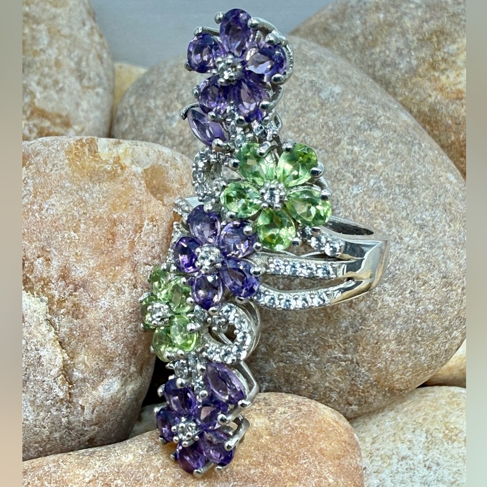 Amethyst Peridot Floral Cocktail Ring 5ctw Platinum SS Sz 6 NWT - Picture 13 of 16